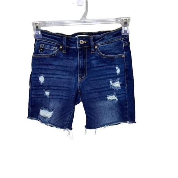 KanCan Dark Wash Stretch Distressed Jean Shorts - Picture 1 of 4